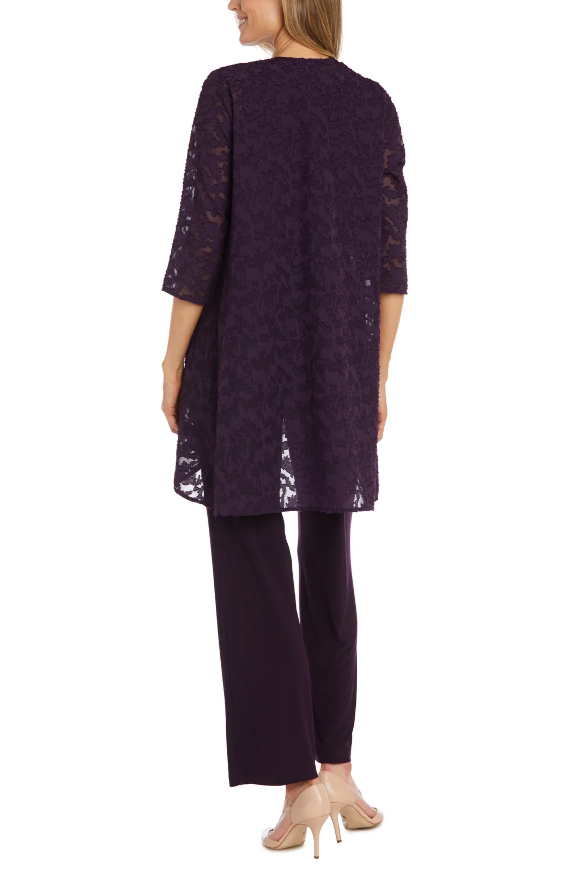 Eggplant Beaded Burnout Chiffon 3-Piece Set with 3/4 Sleeve, Round Neck, and Pant Set by R&M Richards 1216