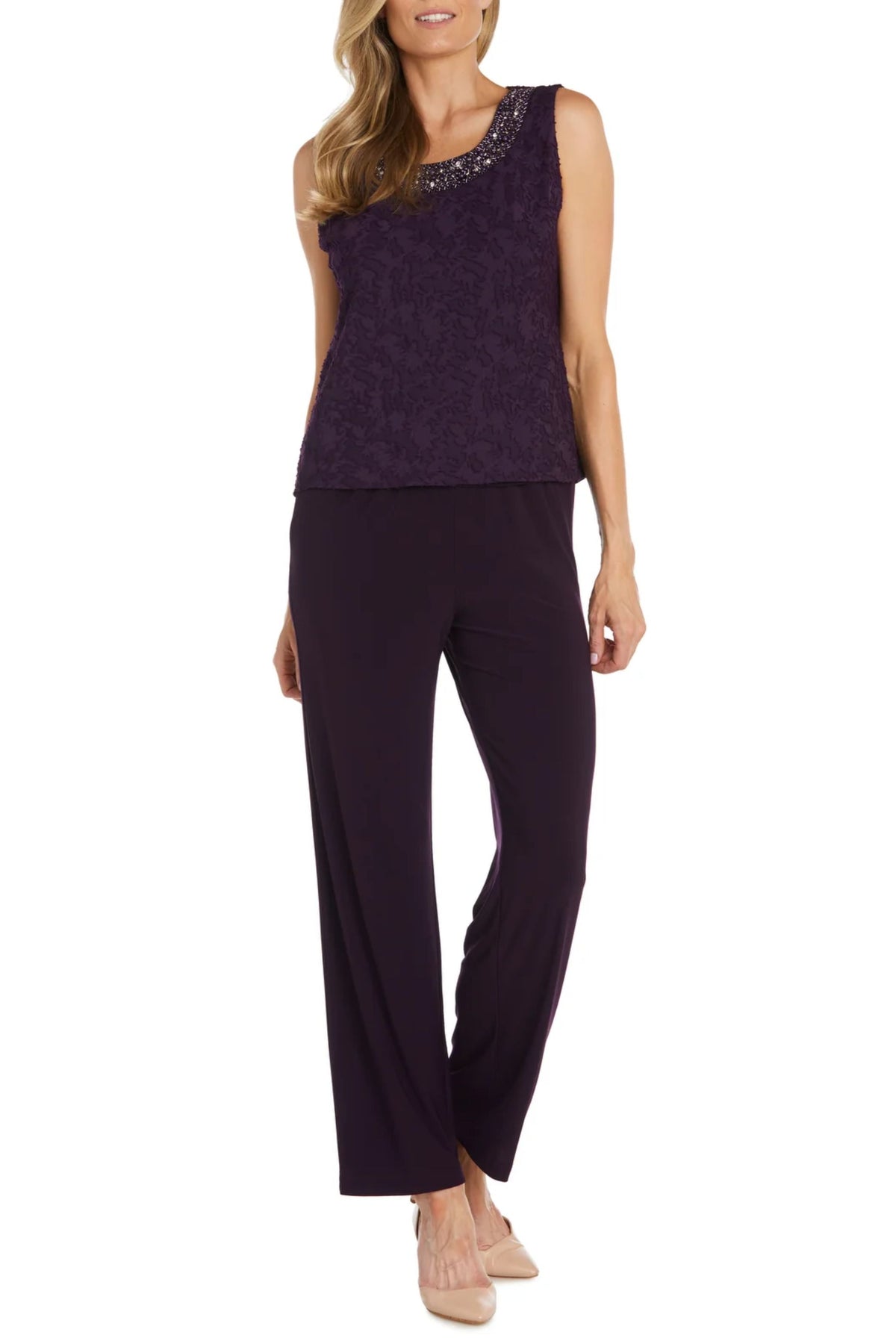 Eggplant Beaded Burnout Chiffon 3-Piece Set with 3/4 Sleeve, Round Neck, and Pant Set by R&M Richards 1216