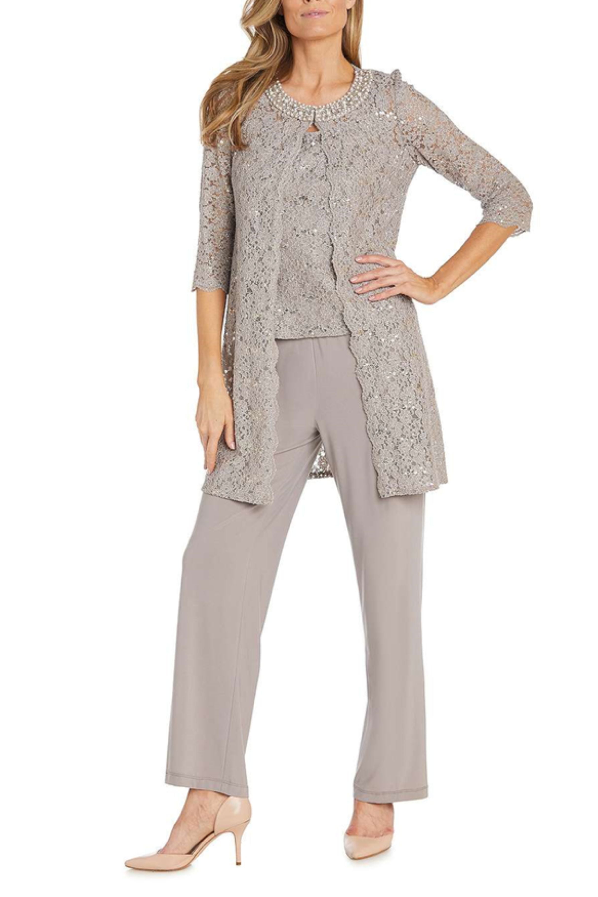 Taupe Embellished Dressy 3 Piece Pants Set with 3/4 Sleeve, Sequin Detail, and Beaded Detail by R&M Richards 1351