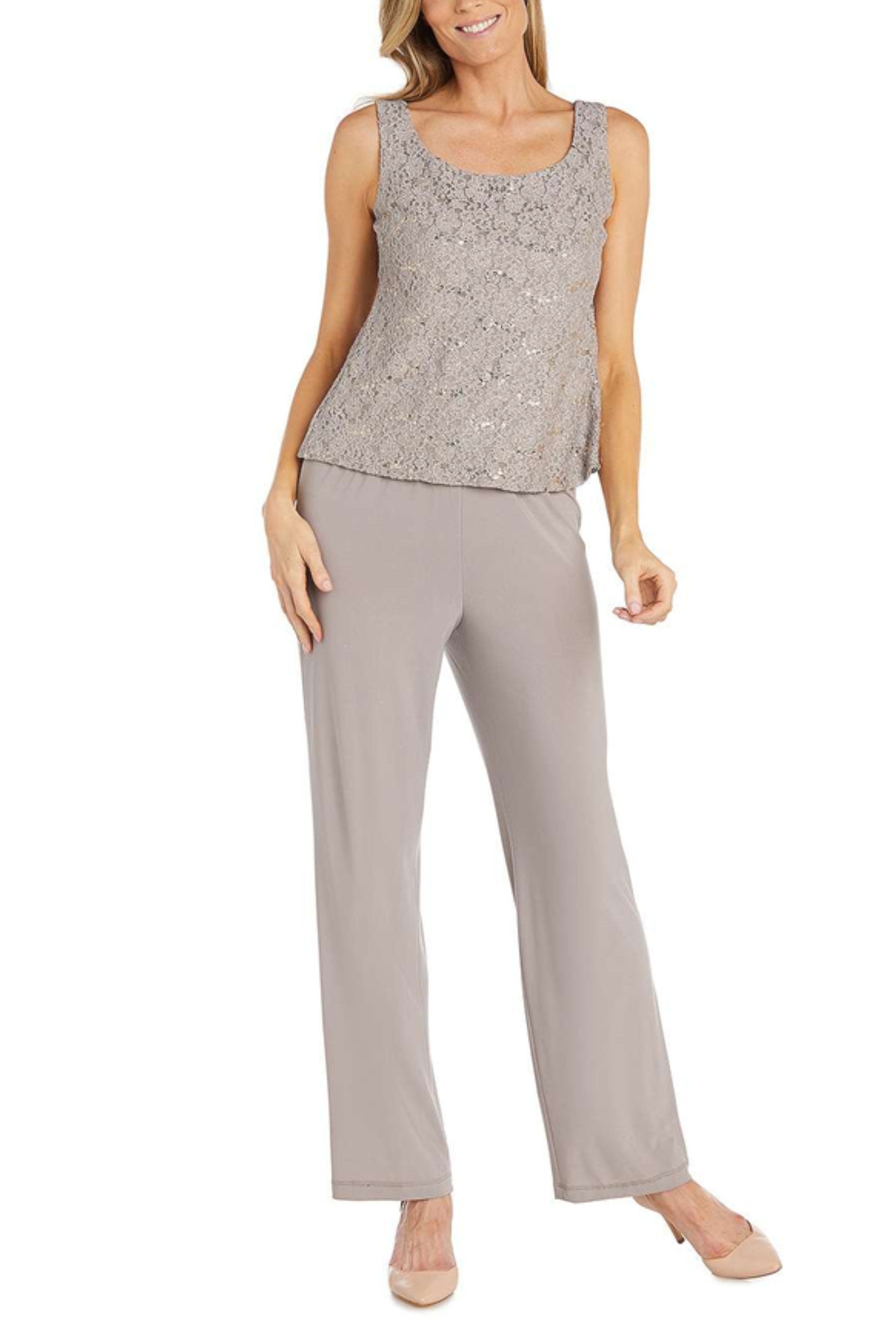 Taupe Embellished Dressy 3 Piece Pants Set with 3/4 Sleeve, Sequin Detail, and Beaded Detail by R&M Richards 1351
