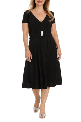 Black Short Sleeve Pleated Top A-Line Dress with V-Neck, Rhinestone Detail, and Ruched Detail by R&M Richards 1429