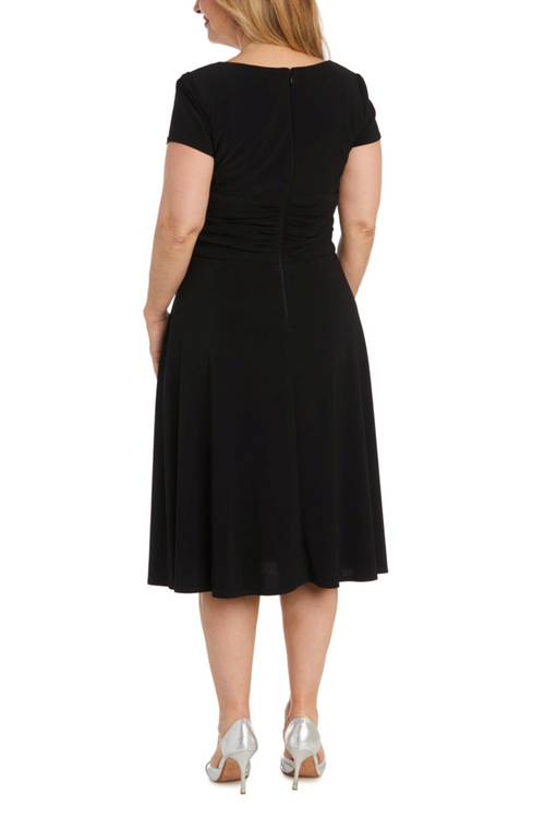 Black Short Sleeve Pleated Top A-Line Dress with V-Neck, Rhinestone Detail, and Ruched Detail by R&M Richards 1429