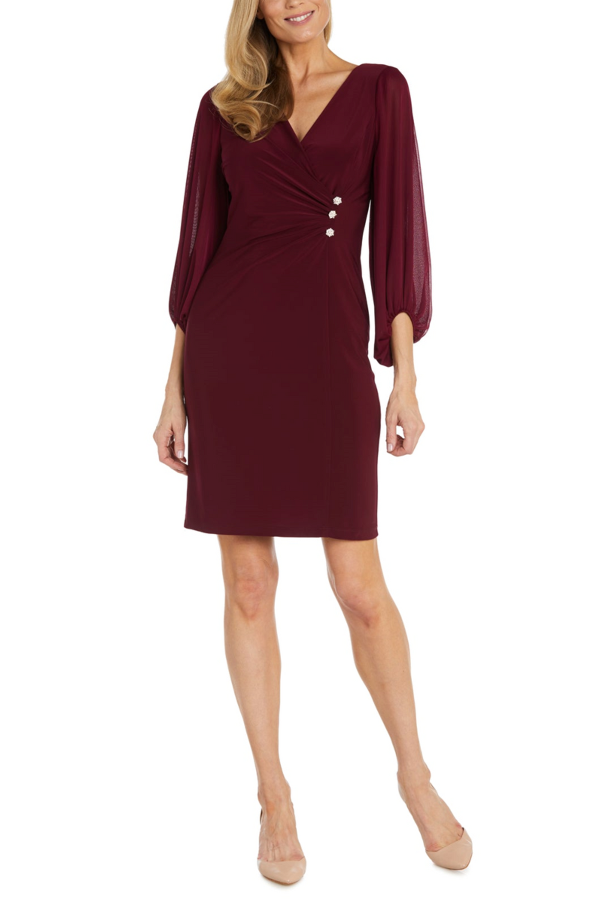 Merlot 3/4 Sleeve Rhinestone Detail Dress with V-Neck and Ruched Detail by R&M Richards 1646