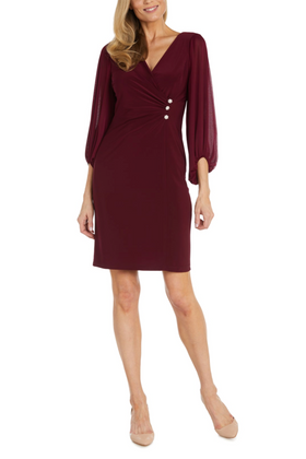 Merlot 3/4 Sleeve Rhinestone Detail Dress with V-Neck and Ruched Detail by R&M Richards 1646