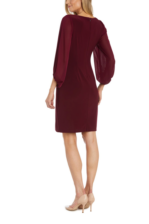 Merlot 3/4 Sleeve Rhinestone Detail Dress with V-Neck and Ruched Detail by R&M Richards 1646