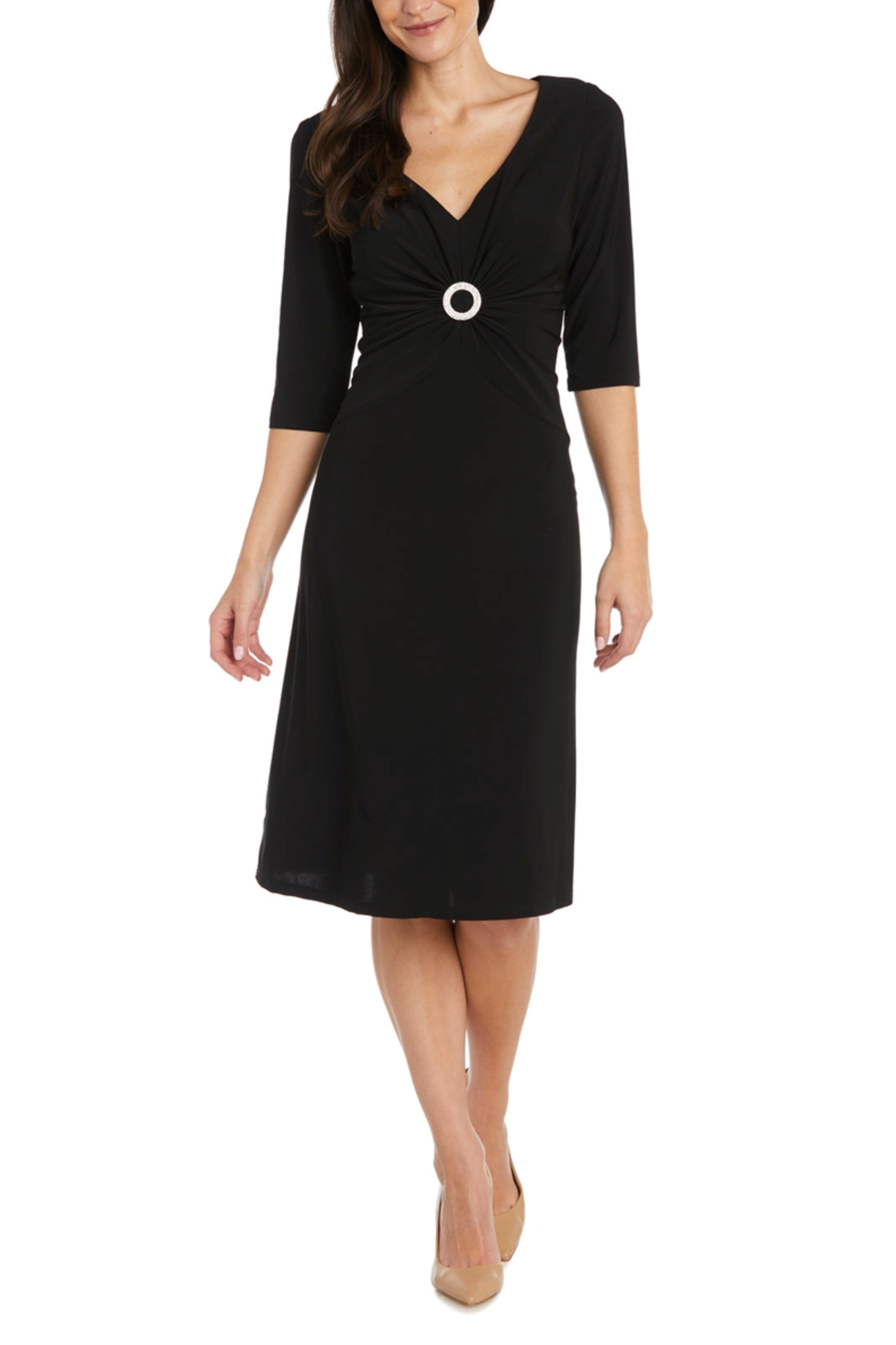 Black 3/4 Sleeve Ruched-Front A-Line Dress with V-Neck, Beaded Detail, and Rhinestone Detail by R&M Richards 1650