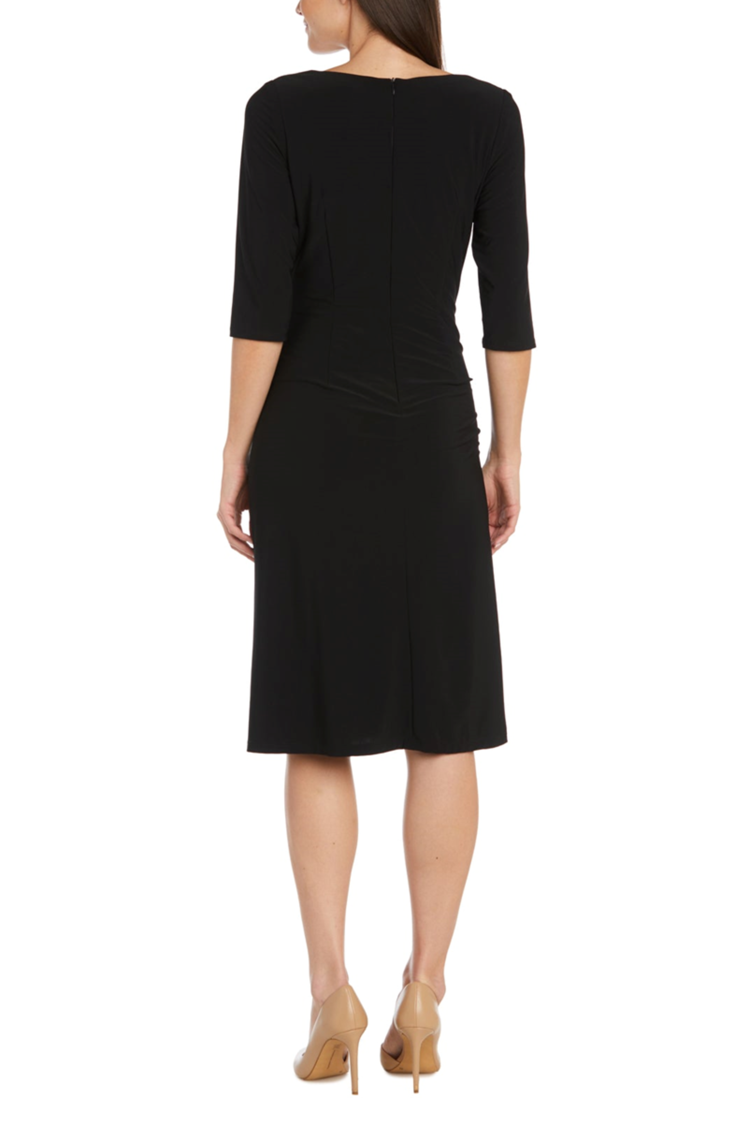 Black 3/4 Sleeve Ruched-Front A-Line Dress with V-Neck, Beaded Detail, and Rhinestone Detail by R&M Richards 1650