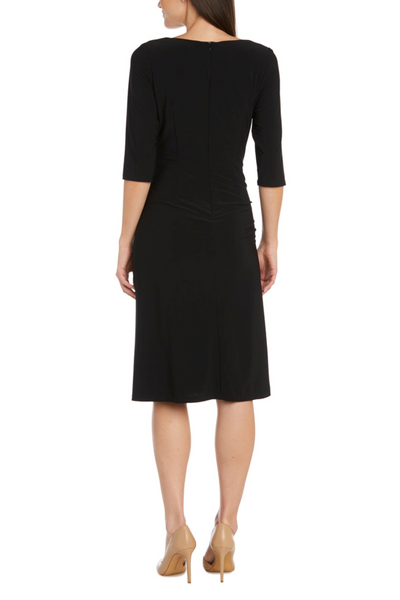 Black 3/4 Sleeve Ruched-Front A-Line Dress with V-Neck, Beaded Detail, and Rhinestone Detail by R&M Richards 1650