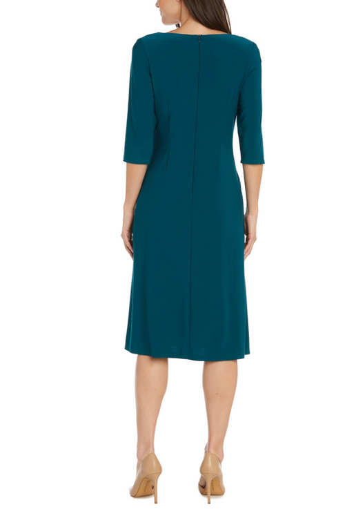 Emerald 3/4 Sleeve Ruched-Front A-Line Dress with V-Neck, Beaded Detail, and Rhinestone Detail by R&M Richards 1650