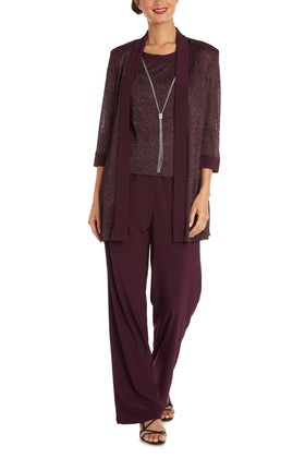 Eggplant Metallic Contrast Jacket & Pants Set with 3/4 Sleeve, Scoop Neck, and Beaded Detail by R&M Richards 1782