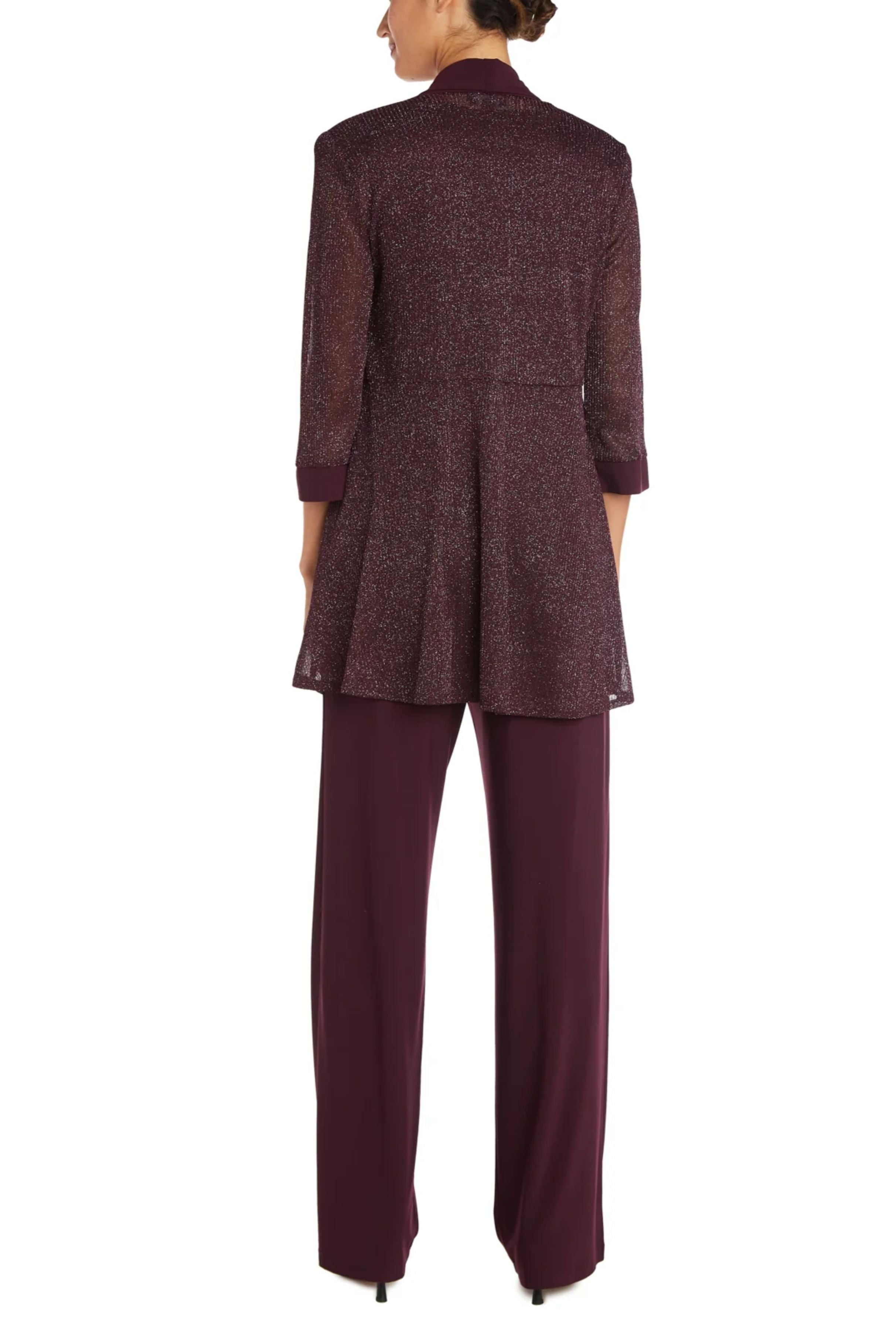 Eggplant Metallic Contrast Jacket & Pants Set with 3/4 Sleeve, Scoop Neck, and Beaded Detail by R&M Richards 1782