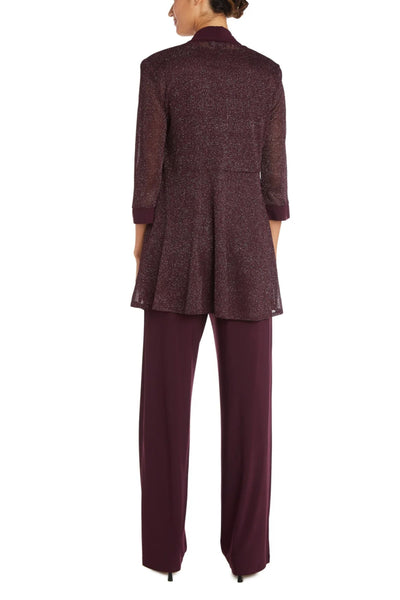 Eggplant Metallic Contrast Jacket & Pants Set with 3/4 Sleeve, Scoop Neck, and Beaded Detail by R&M Richards 1782
