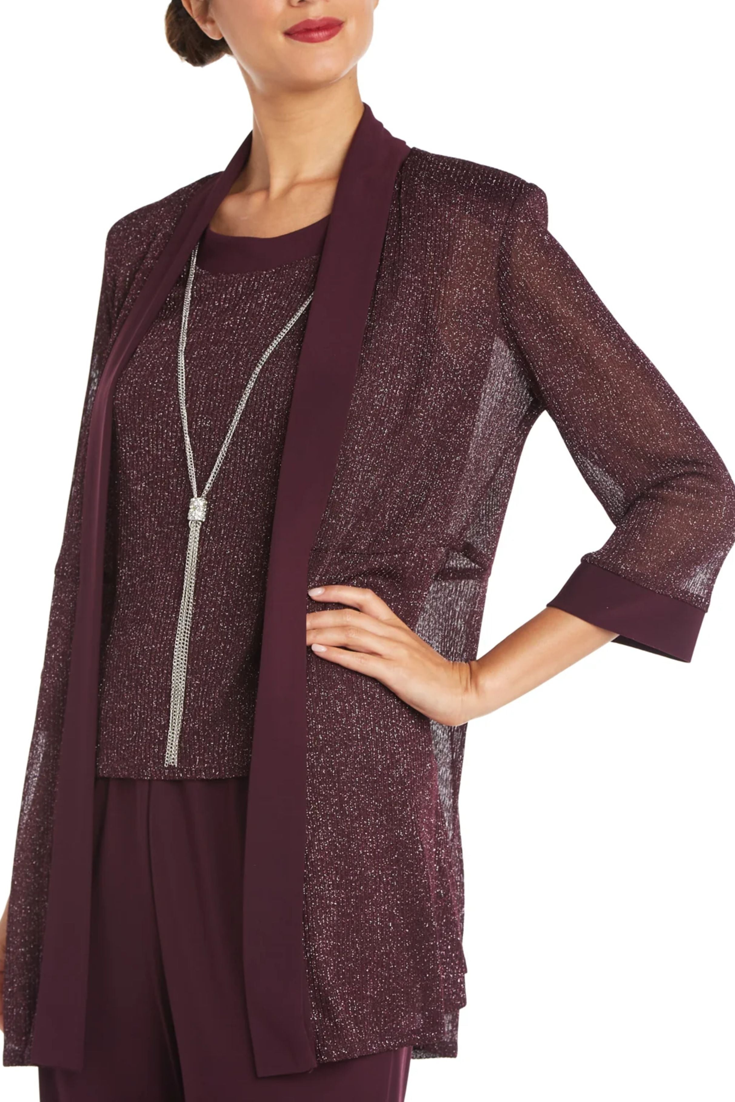 Eggplant Metallic Contrast Jacket & Pants Set with 3/4 Sleeve, Scoop Neck, and Beaded Detail by R&M Richards 1782