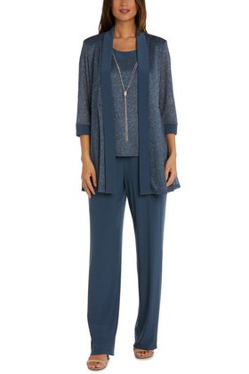 Smoke Metallic Contrast Jacket & Pants Set with 3/4 Sleeve, Scoop Neck, and Beaded Detail by R&M Richards 1782