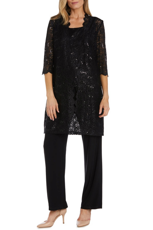 Lace 3/4 Sleeve 3-Piece Pants Set with Scoop Neck, Sequin Detail, and Straight Leg Pant by R&M Richards 1993
