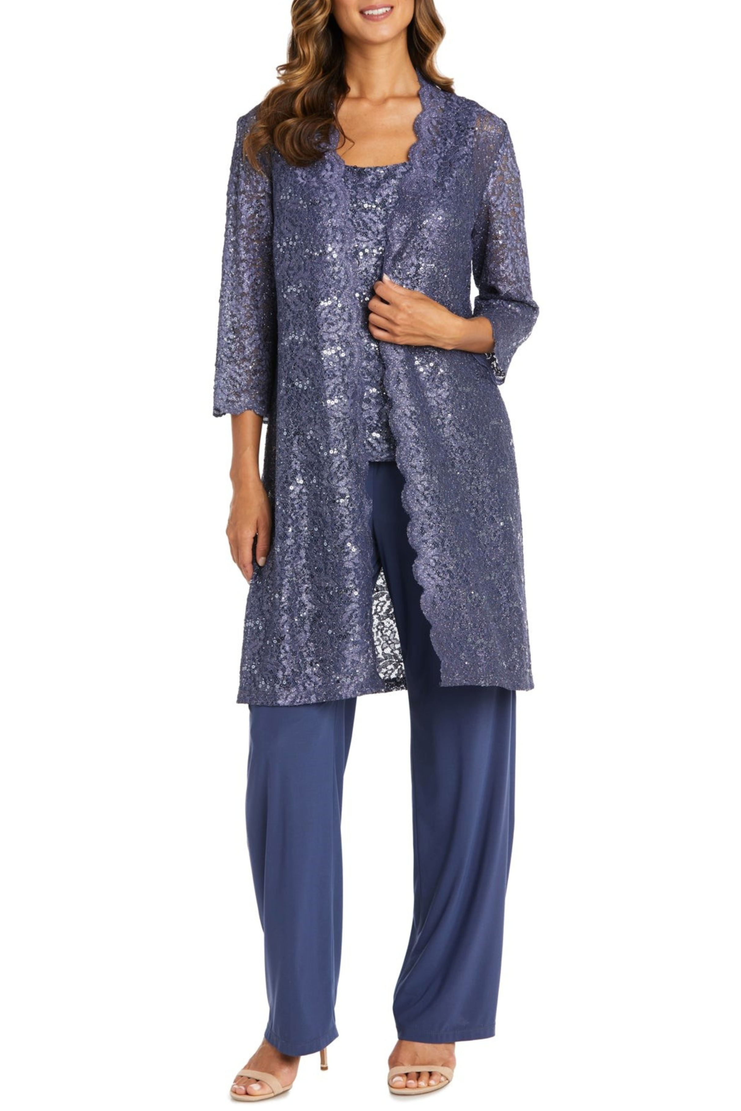Lace 3/4 Sleeve 3-Piece Pants Set with Scoop Neck, Sequin Detail, and Straight Leg Pant by R&M Richards 1993