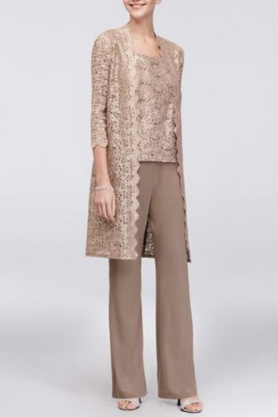Lace 3/4 Sleeve 3-Piece Pants Set with Scoop Neck, Sequin Detail, and Straight Leg Pant by R&M Richards 1993