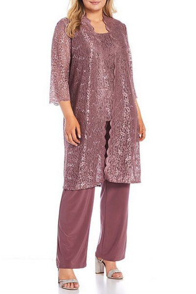 Lace 3/4 Sleeve 3-Piece Pants Set with Scoop Neck, Sequin Detail, and Straight Leg Pant by R&M Richards 1993