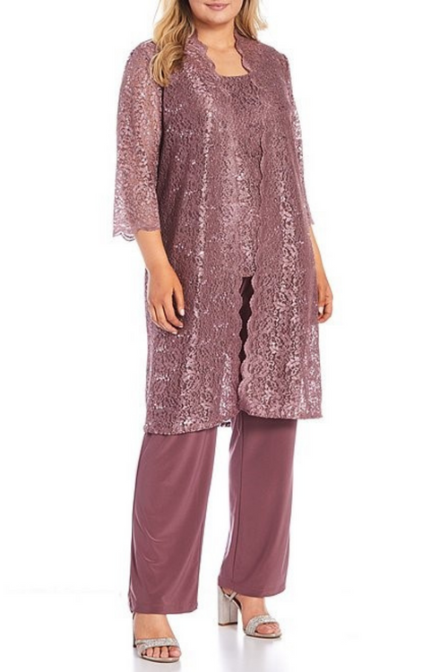 Lace 3/4 Sleeve 3-Piece Pants Set with Scoop Neck, Sequin Detail, and Straight Leg Pant by R&M Richards 1993