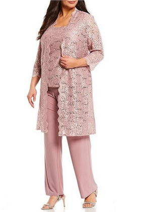 Lace 3/4 Sleeve 3-Piece Pants Set with Scoop Neck, Sequin Detail, and Straight Leg Pant by R&M Richards 1993