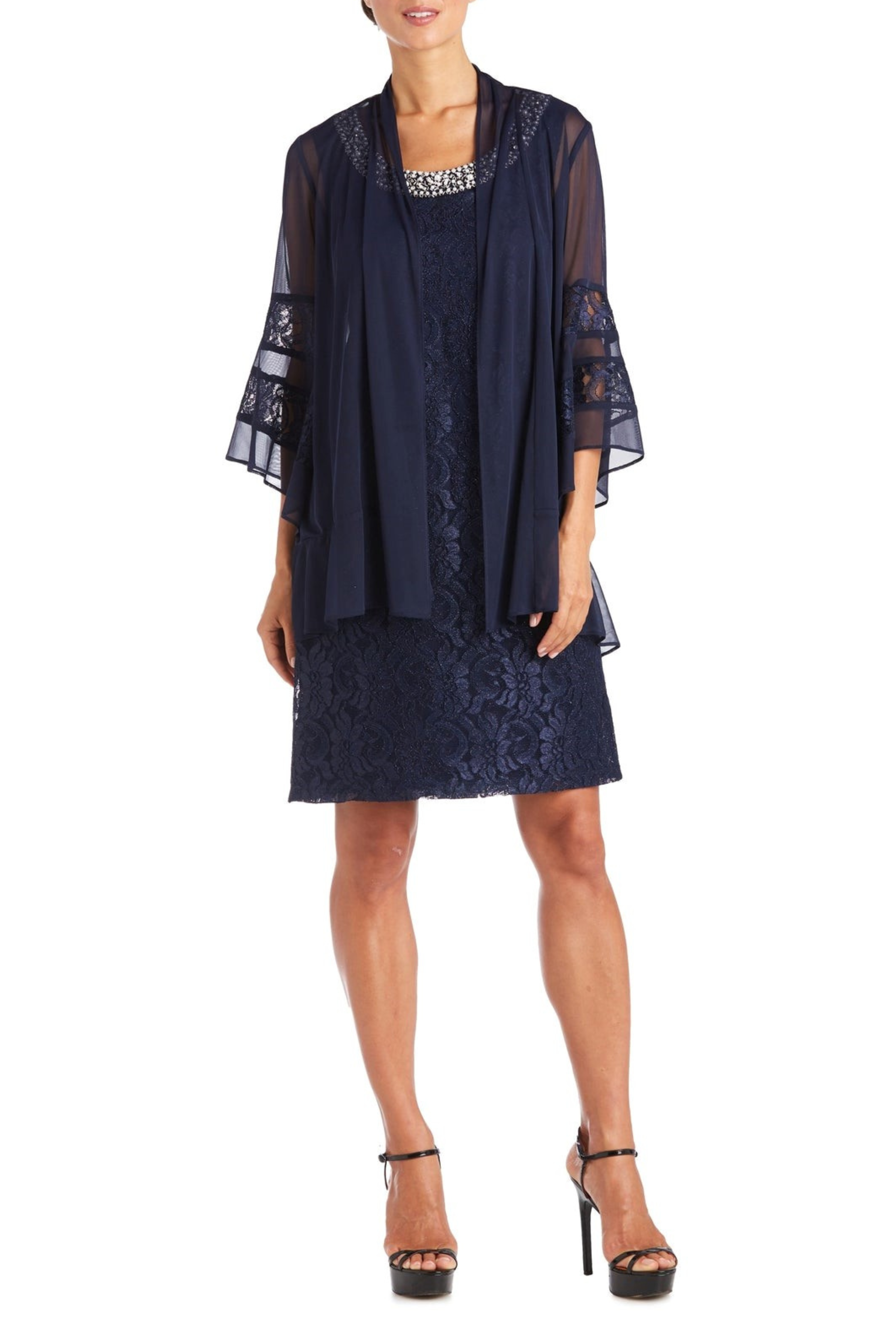 r&m richards sequin lace jacket dress Long Sequin Lace Dress with Chiffon Cape and Rhinestone Neckline R&M Richards
