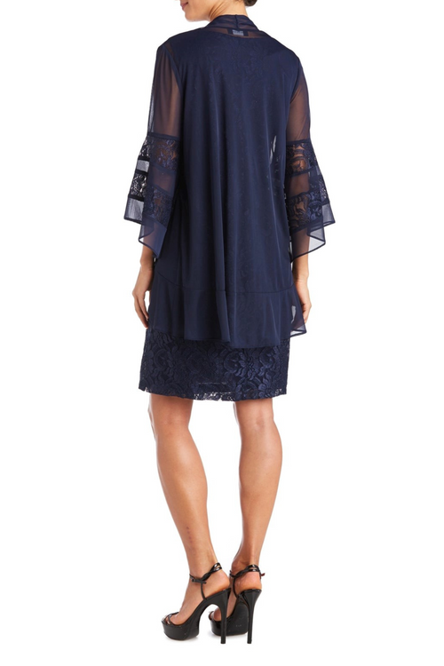 Navy Lace 2-Piece Evening Jacket Dress with Bell Sleeve, Scoop Neck, and Sequin Detail by R&M Richards 2421
