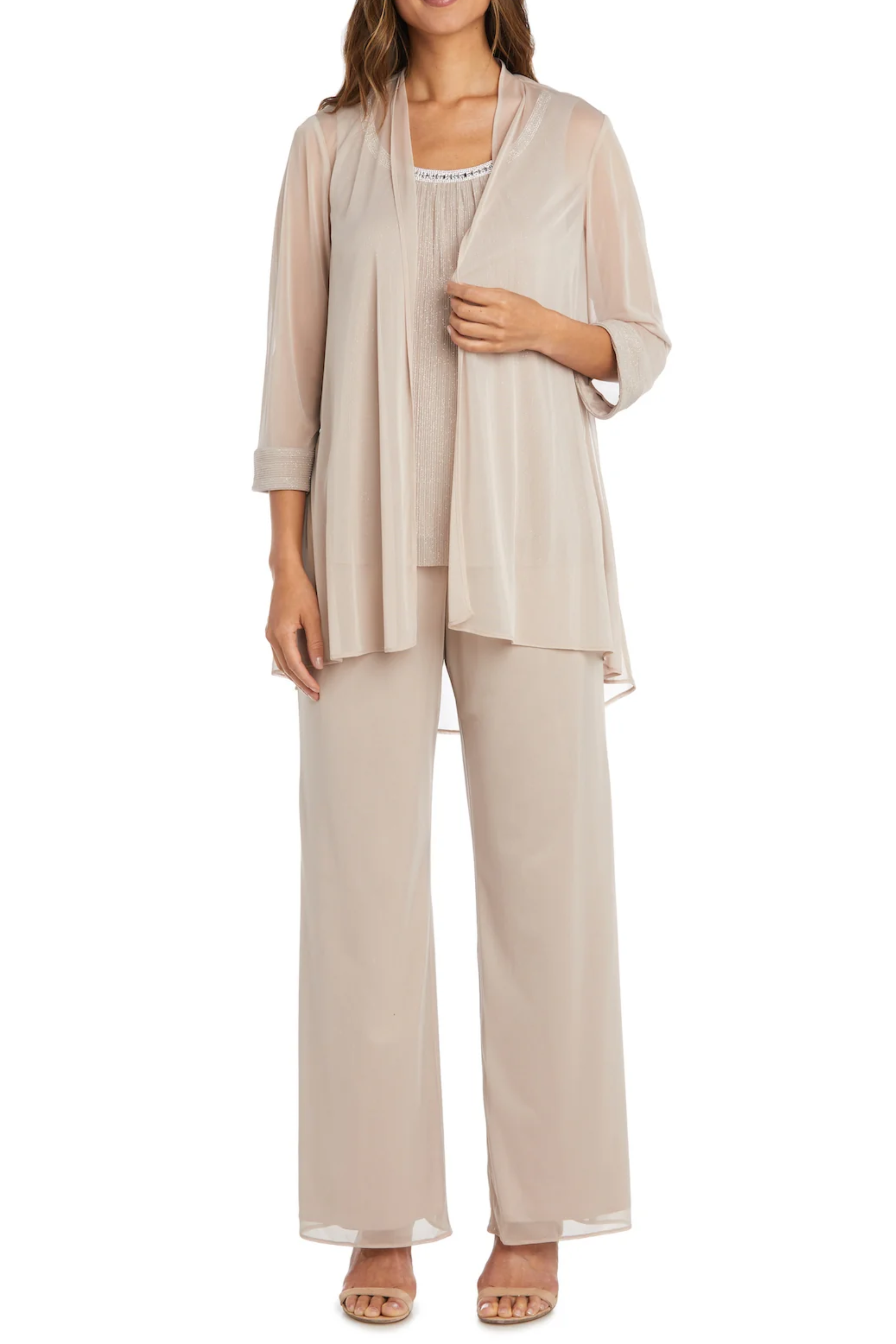 Champagne 3-Piece Shimmer Rhinestone Pants Set with Sleeveless and Metallic Finish by R&M Richards 2593