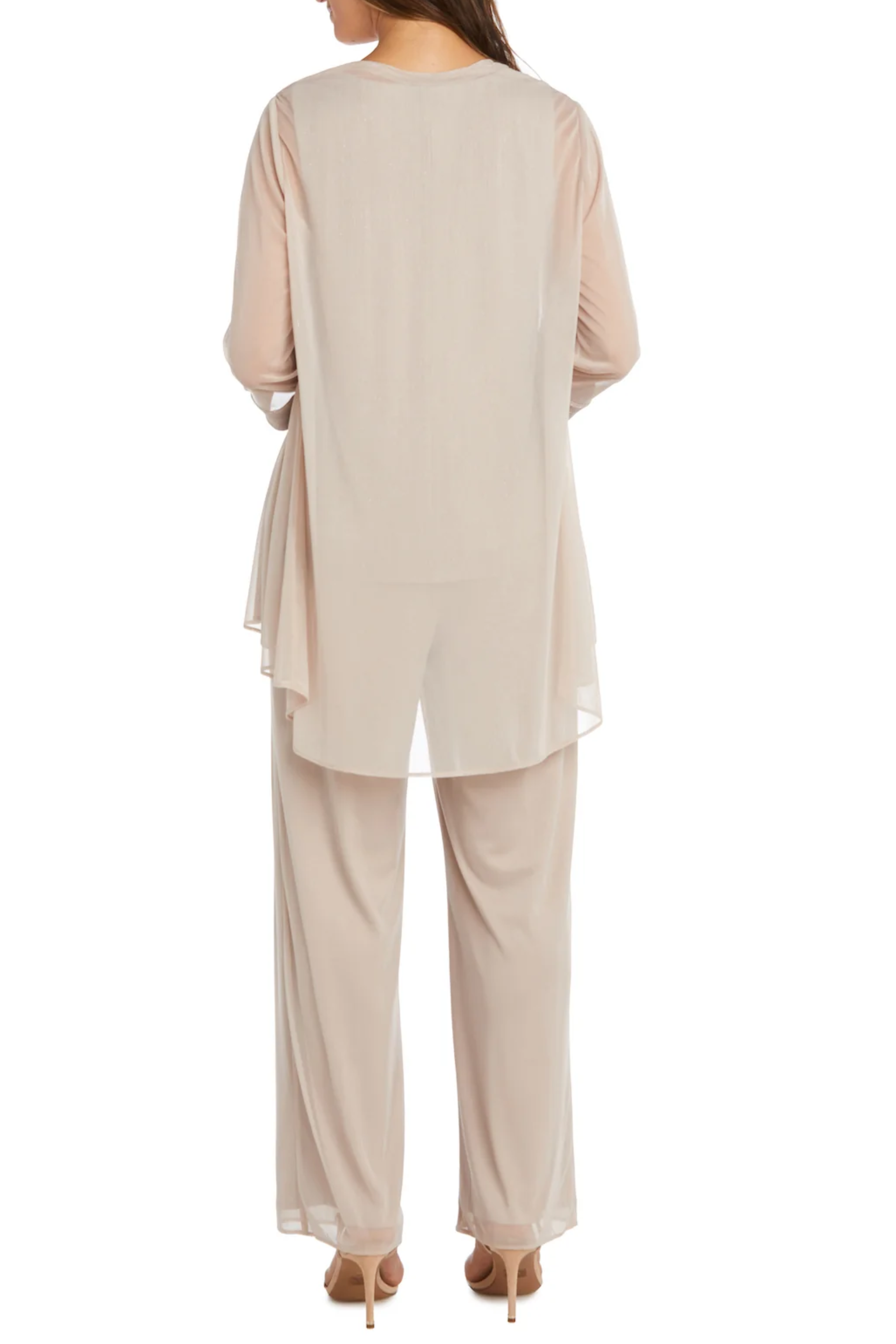 Champagne 3-Piece Shimmer Rhinestone Pants Set with Sleeveless and Metallic Finish by R&M Richards 2593