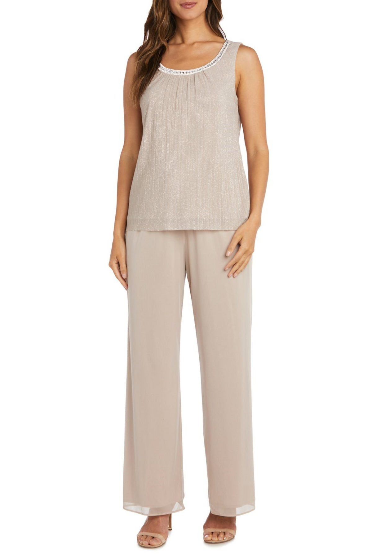 Champagne 3-Piece Shimmer Rhinestone Pants Set with Sleeveless and Metallic Finish by R&M Richards 2593