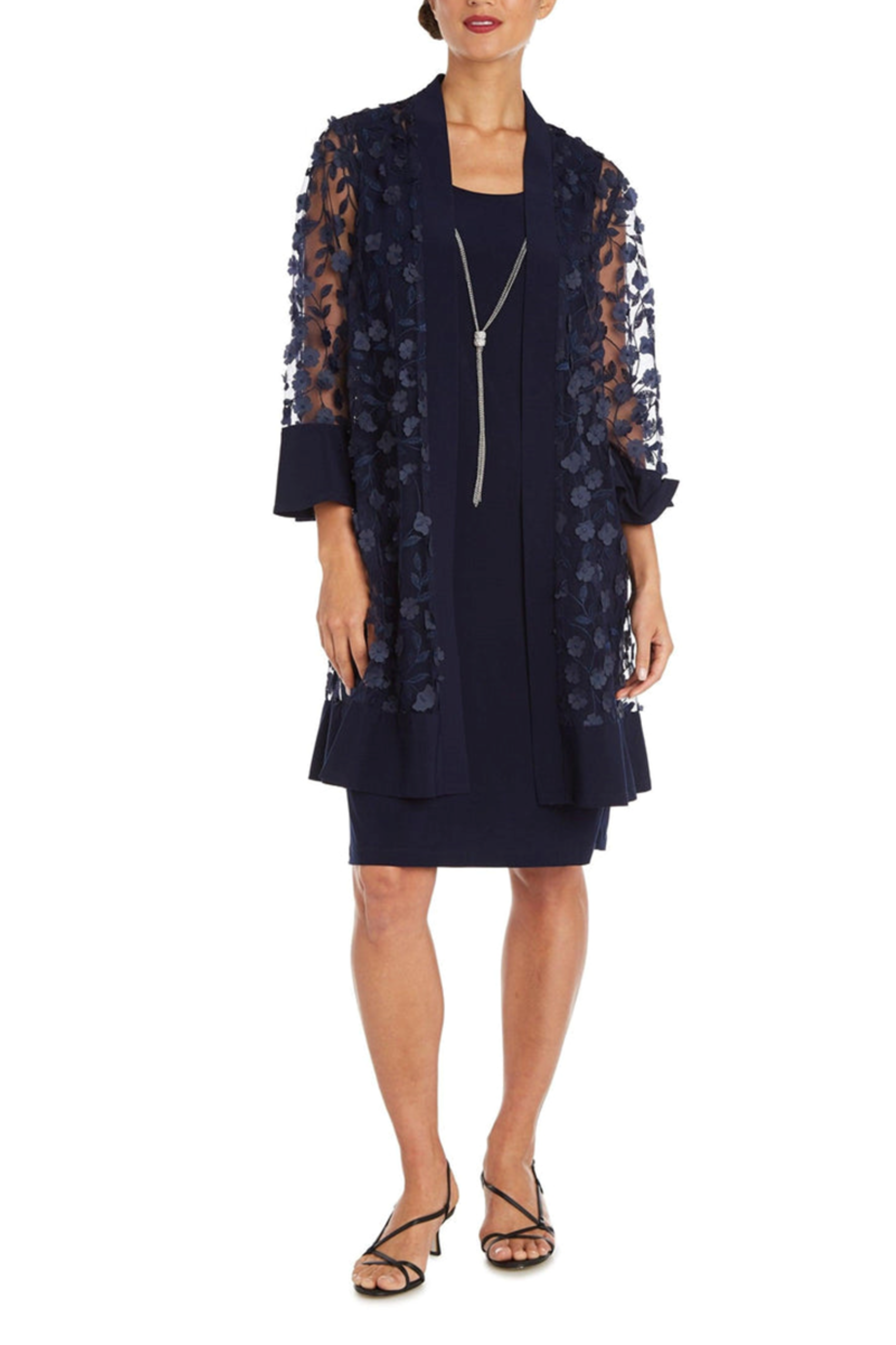 Navy Bell Sleeve Floral 2-Pc Jacket Dress with 3/4 Sleeve, Round Neck, and Floral Applique by R&M Richards 2643