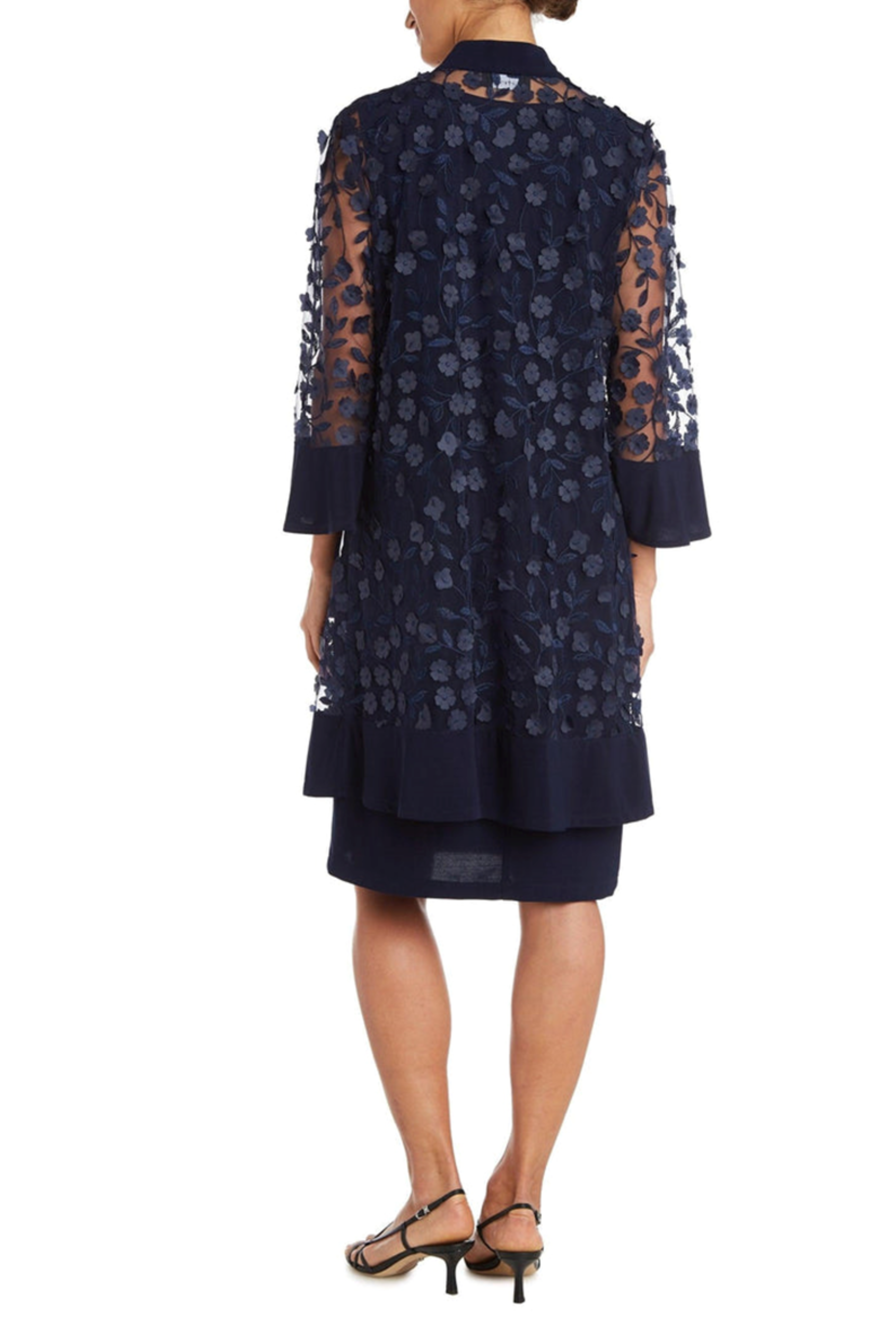 Navy Bell Sleeve Floral 2-Pc Jacket Dress with 3/4 Sleeve, Round Neck, and Floral Applique by R&M Richards 2643