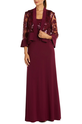 Merlot 2 Piece Lace Jacket Long Evening Dress with Bell Sleeve and Scoop Neck by R&M Richards 2655
