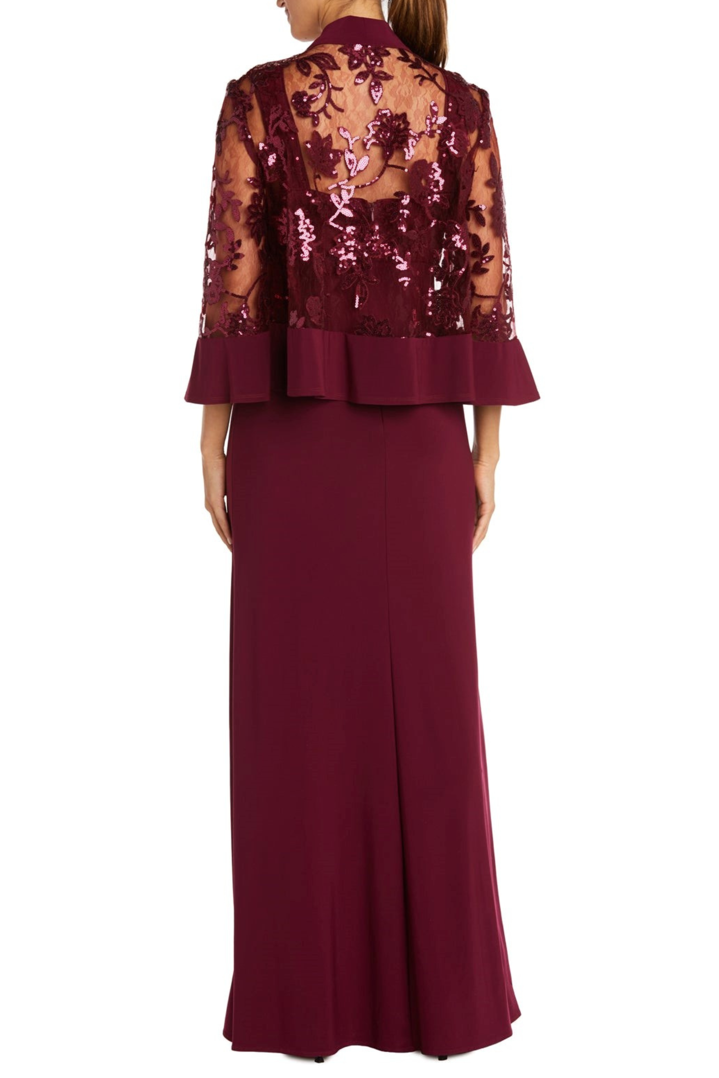 Merlot 2 Piece Lace Jacket Long Evening Dress with Bell Sleeve and Scoop Neck by R&M Richards 2655