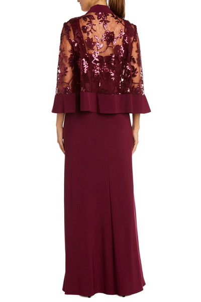 Merlot 2 Piece Lace Jacket Long Evening Dress with Bell Sleeve and Scoop Neck by R&M Richards 2655