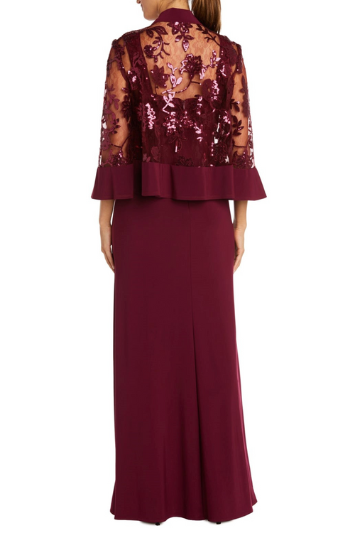 Merlot 2 Piece Lace Jacket Long Evening Dress with Bell Sleeve and Scoop Neck by R&M Richards 2655