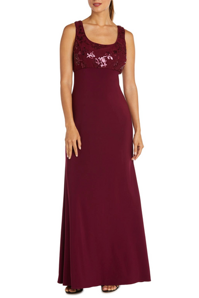 Merlot 2 Piece Lace Jacket Long Evening Dress with Bell Sleeve and Scoop Neck by R&M Richards 2655