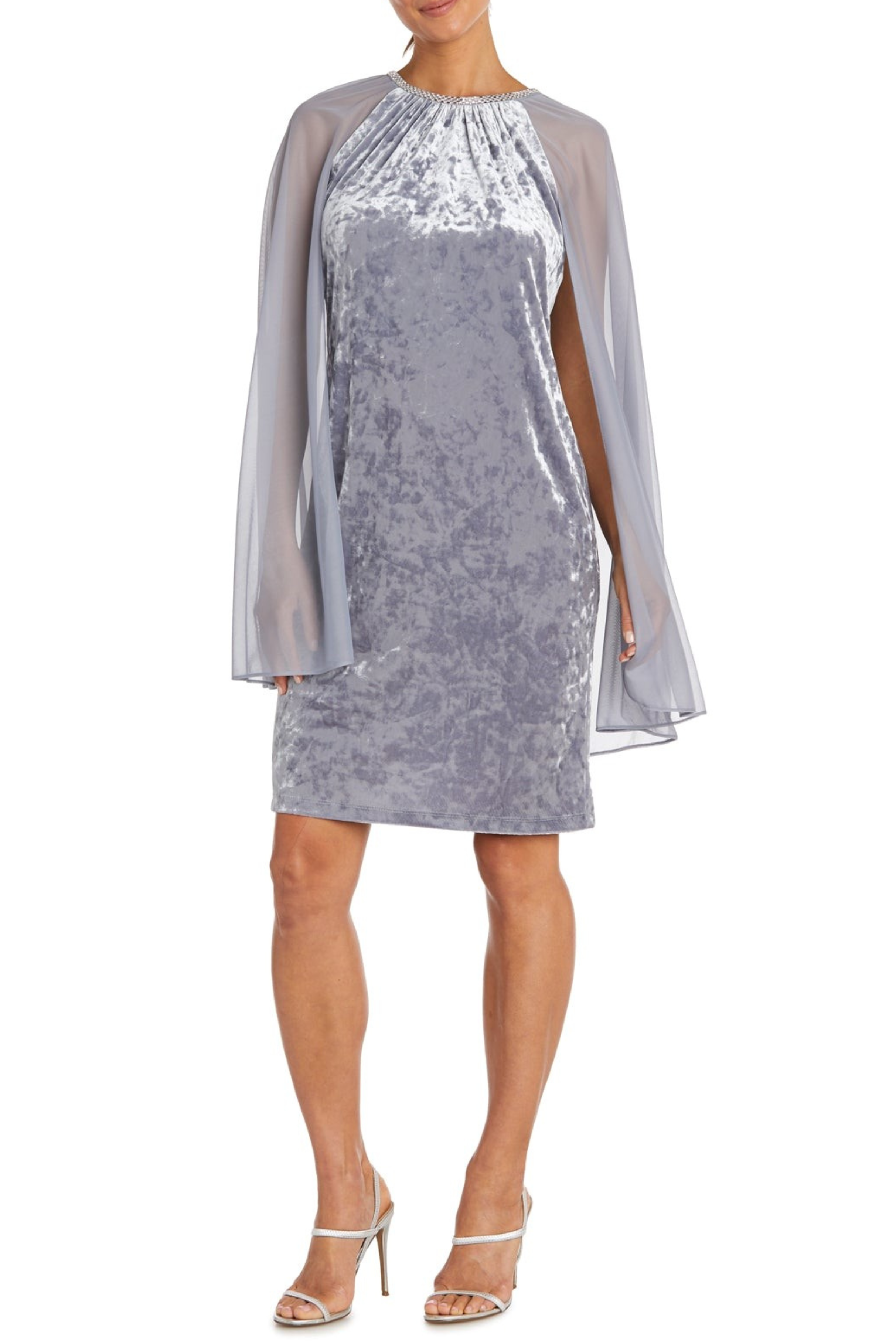 Charcoal Velvet Embellished Evening Cape Dress with Halter Neck and Beaded Detail by R&M Richards 2663