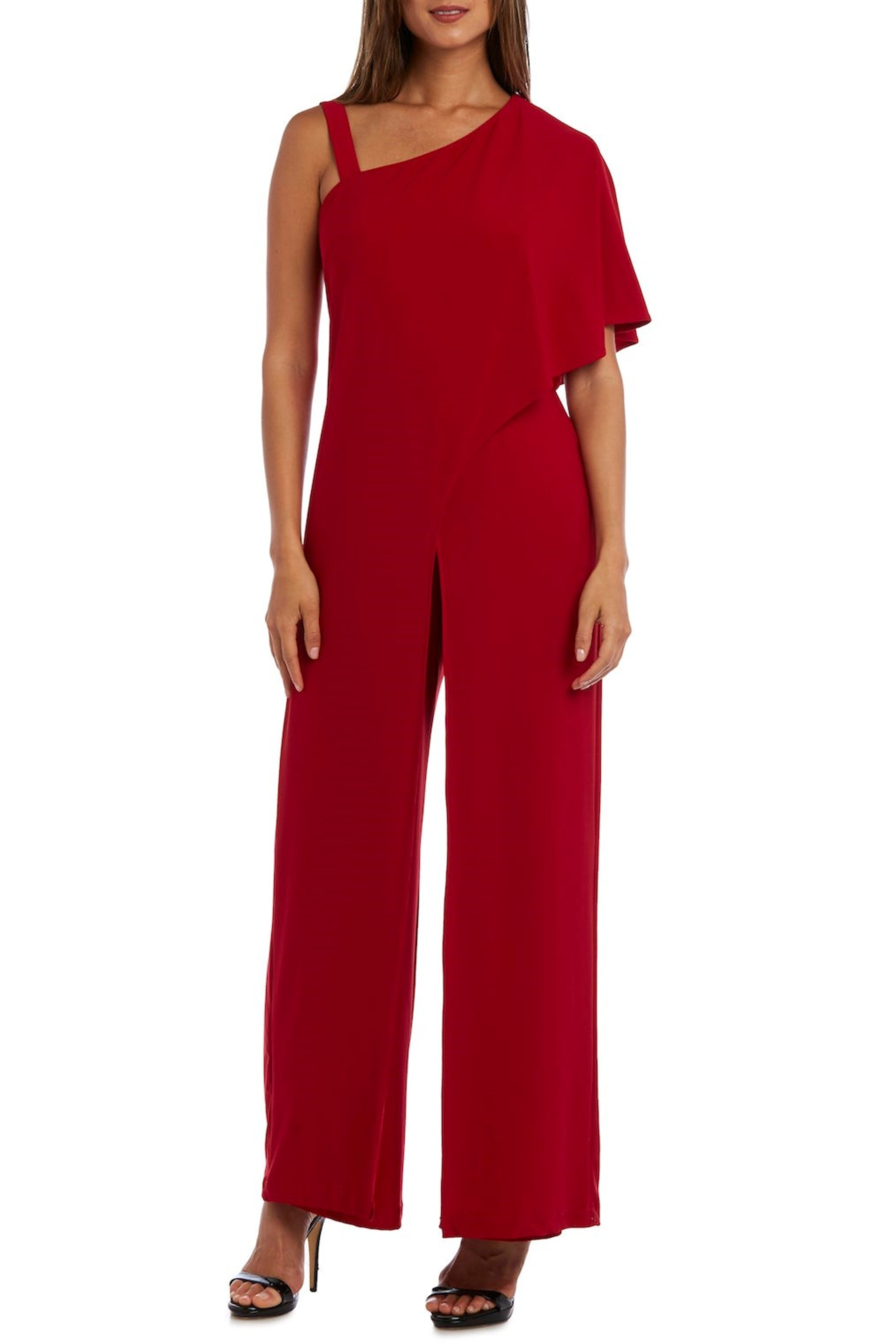 Red Asymmetrical Overlay Evening Jumpsuit with Asymmetrical Neck and Wide Leg Pant by R&M Richards 3130