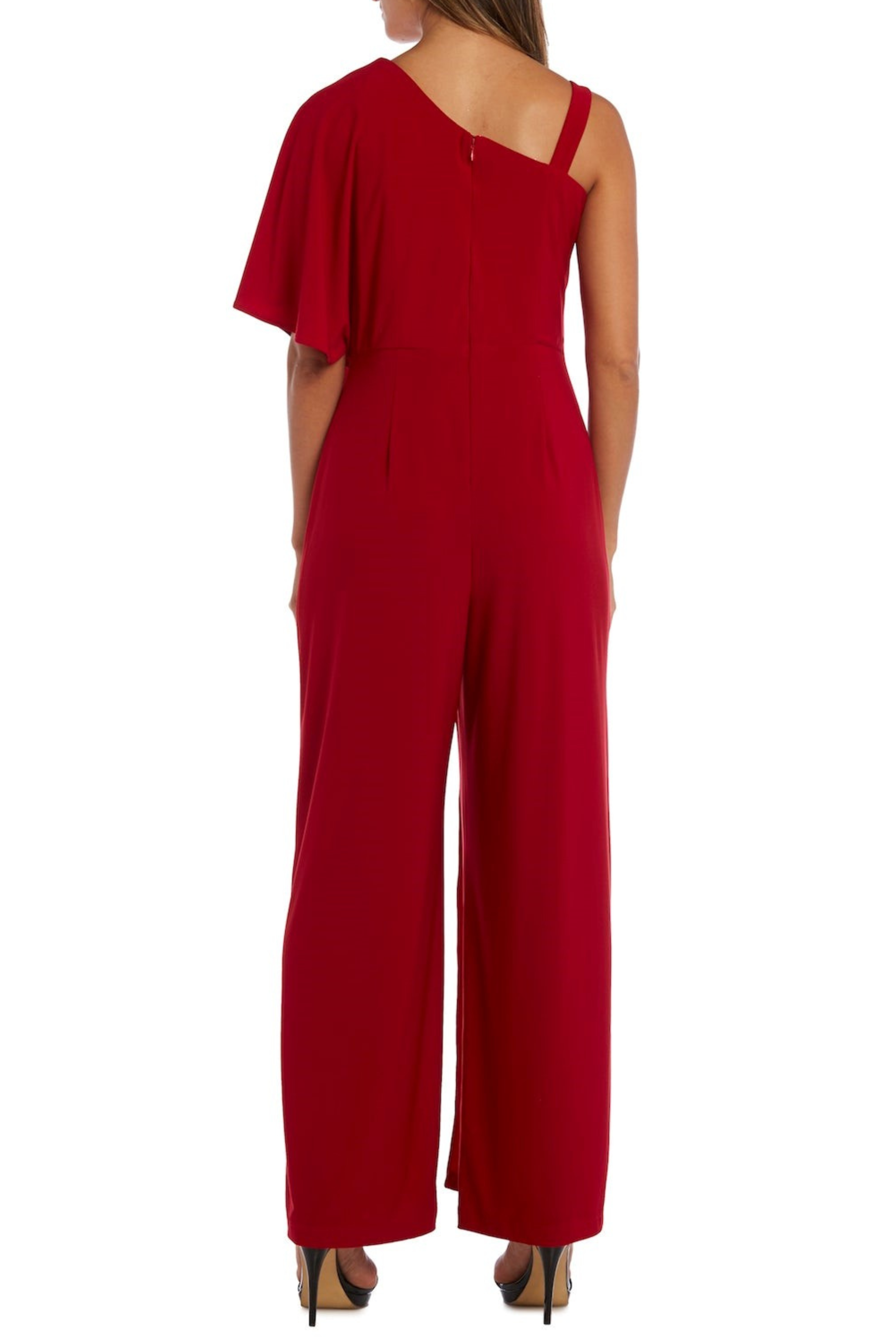 Red Asymmetrical Overlay Evening Jumpsuit with Asymmetrical Neck and Wide Leg Pant by R&M Richards 3130