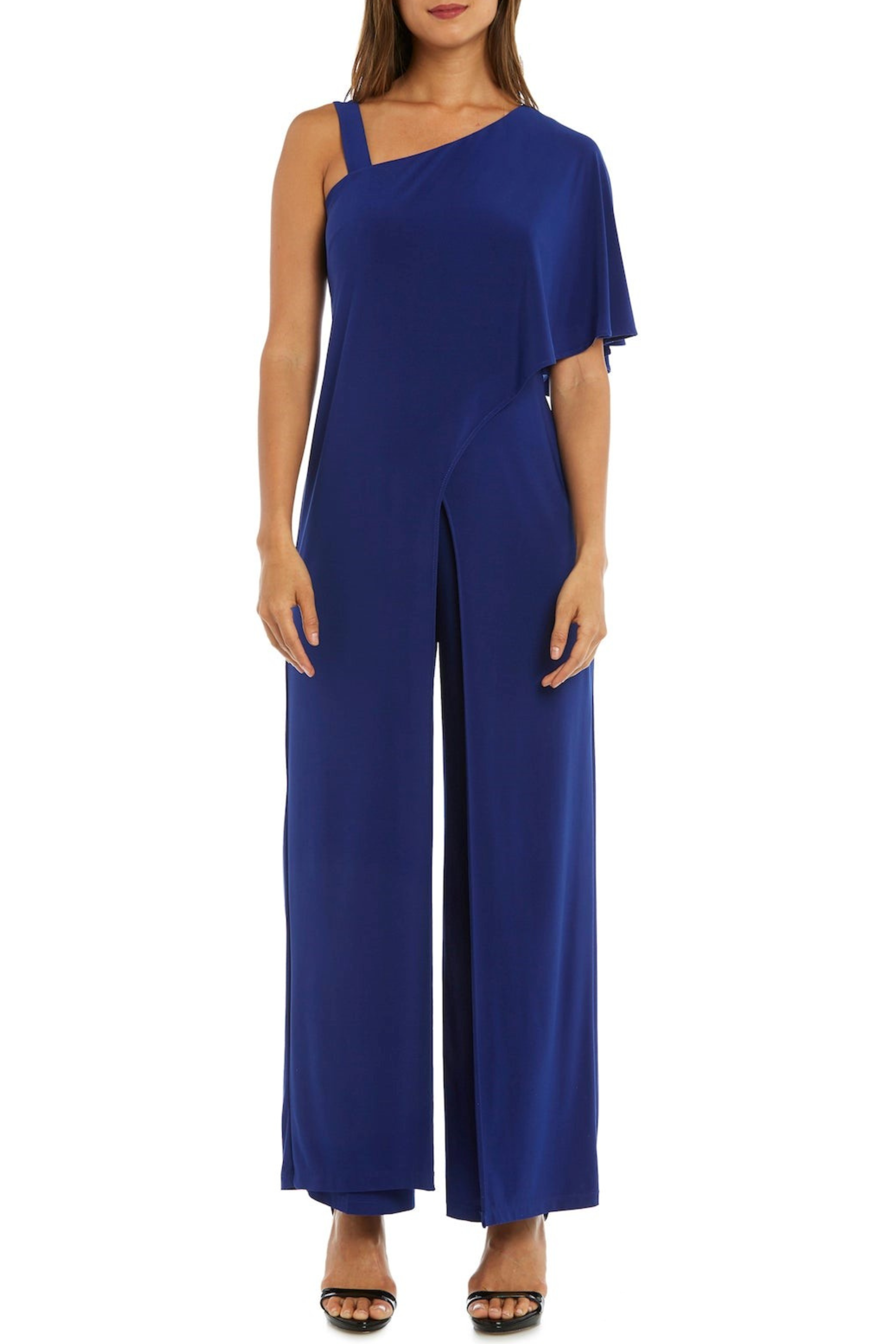 Royal Asymmetrical Overlay Evening Jumpsuit with Asymmetrical Neck and Wide Leg Pant by R&M Richards 3130