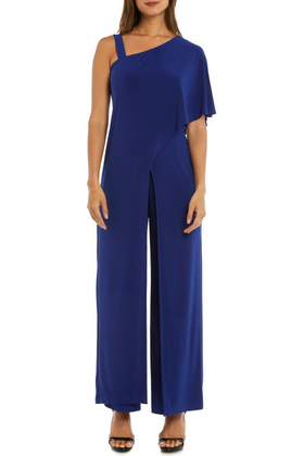 Royal Asymmetrical Overlay Evening Jumpsuit with Asymmetrical Neck and Wide Leg Pant by R&M Richards 3130