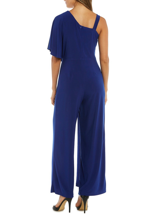 Royal Asymmetrical Overlay Evening Jumpsuit with Asymmetrical Neck and Wide Leg Pant by R&M Richards 3130