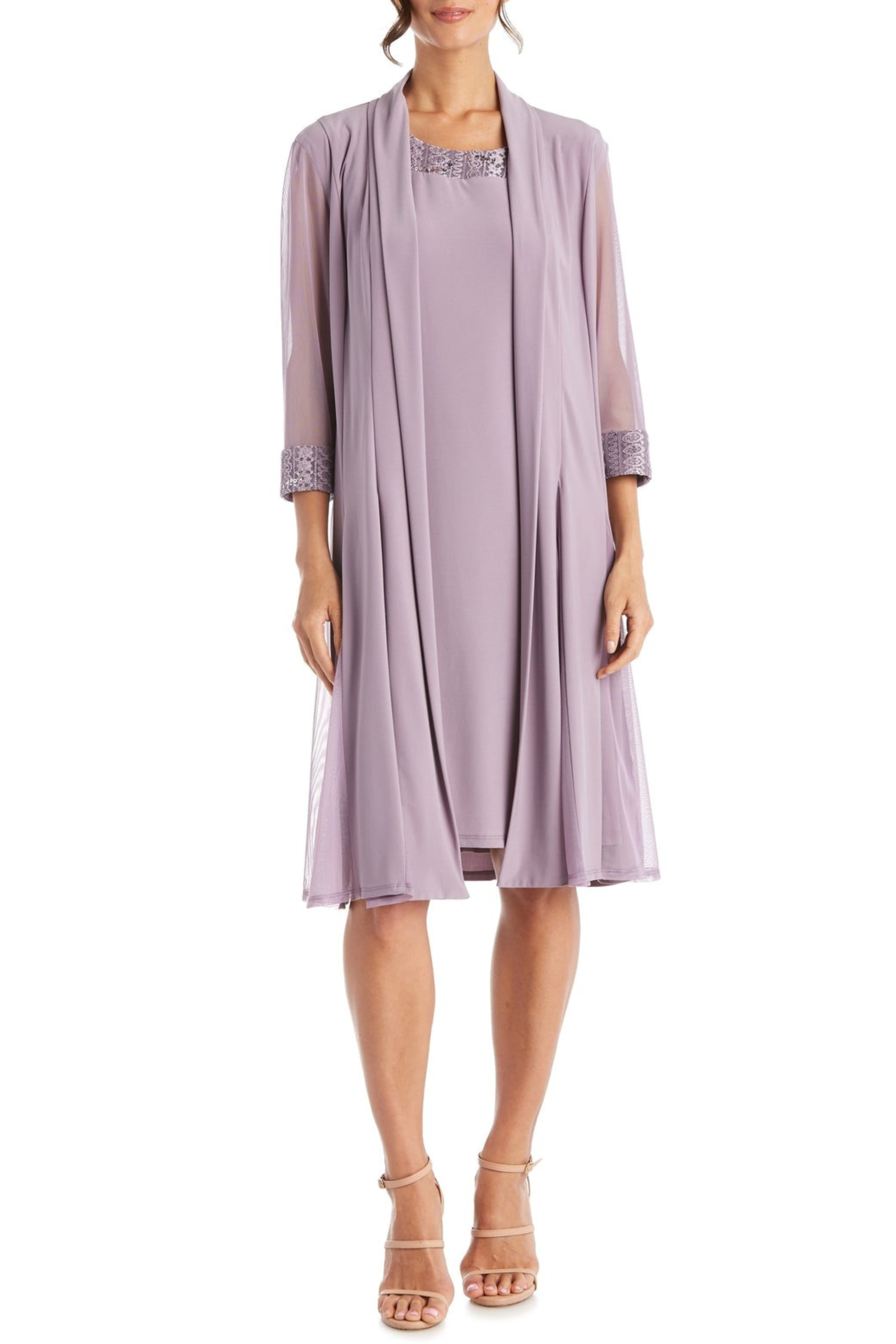 3/4 Sleeve Evening Jacket Dress with Round Neck, Sequin Detail, and Lace Detail by R&M Richards 3221