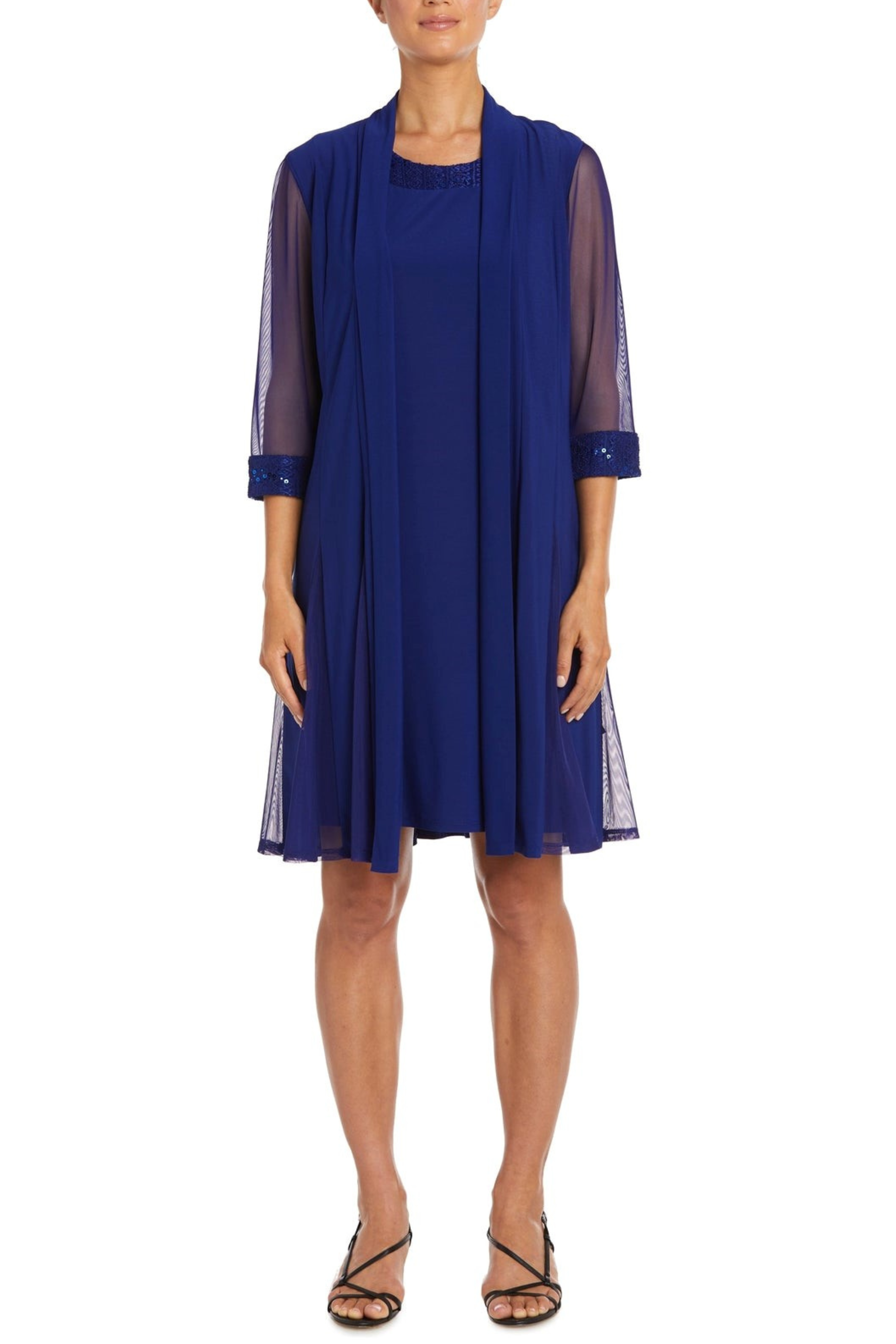 3/4 Sleeve Evening Jacket Dress with Round Neck, Sequin Detail, and Lace Detail by R&M Richards 3221