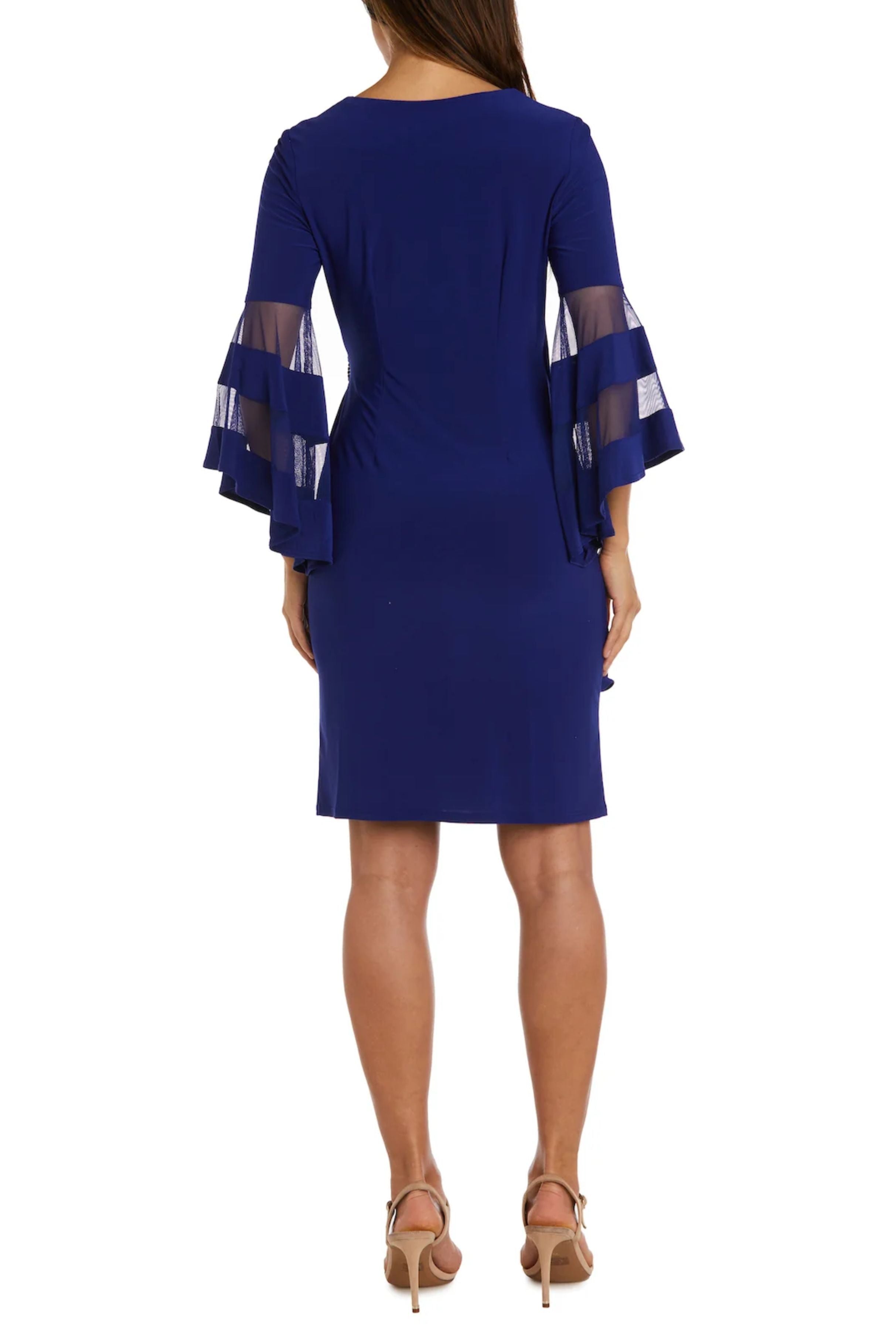 Electric Blue Long Bell Sleeve Short Evening Dress with V-Neck and Rhinestone Detail by R&M Richards 3561