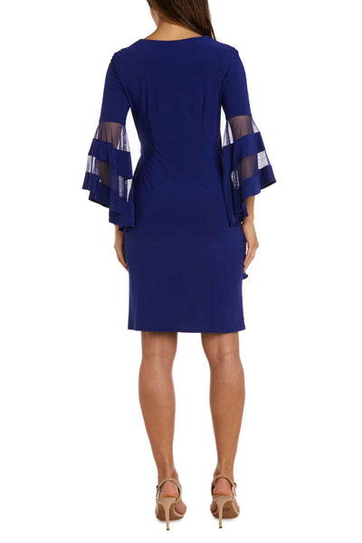 Electric Blue Long Bell Sleeve Short Evening Dress with V-Neck and Rhinestone Detail by R&M Richards 3561