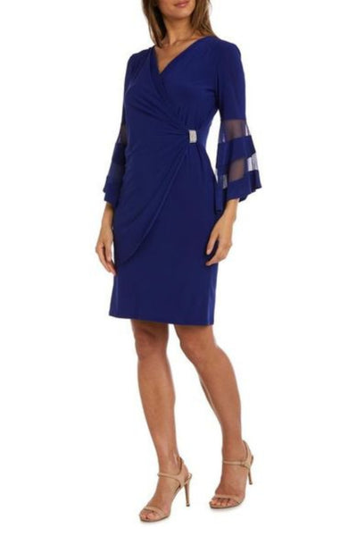 Electric Blue Long Bell Sleeve Short Evening Dress with V-Neck and Rhinestone Detail by R&M Richards 3561