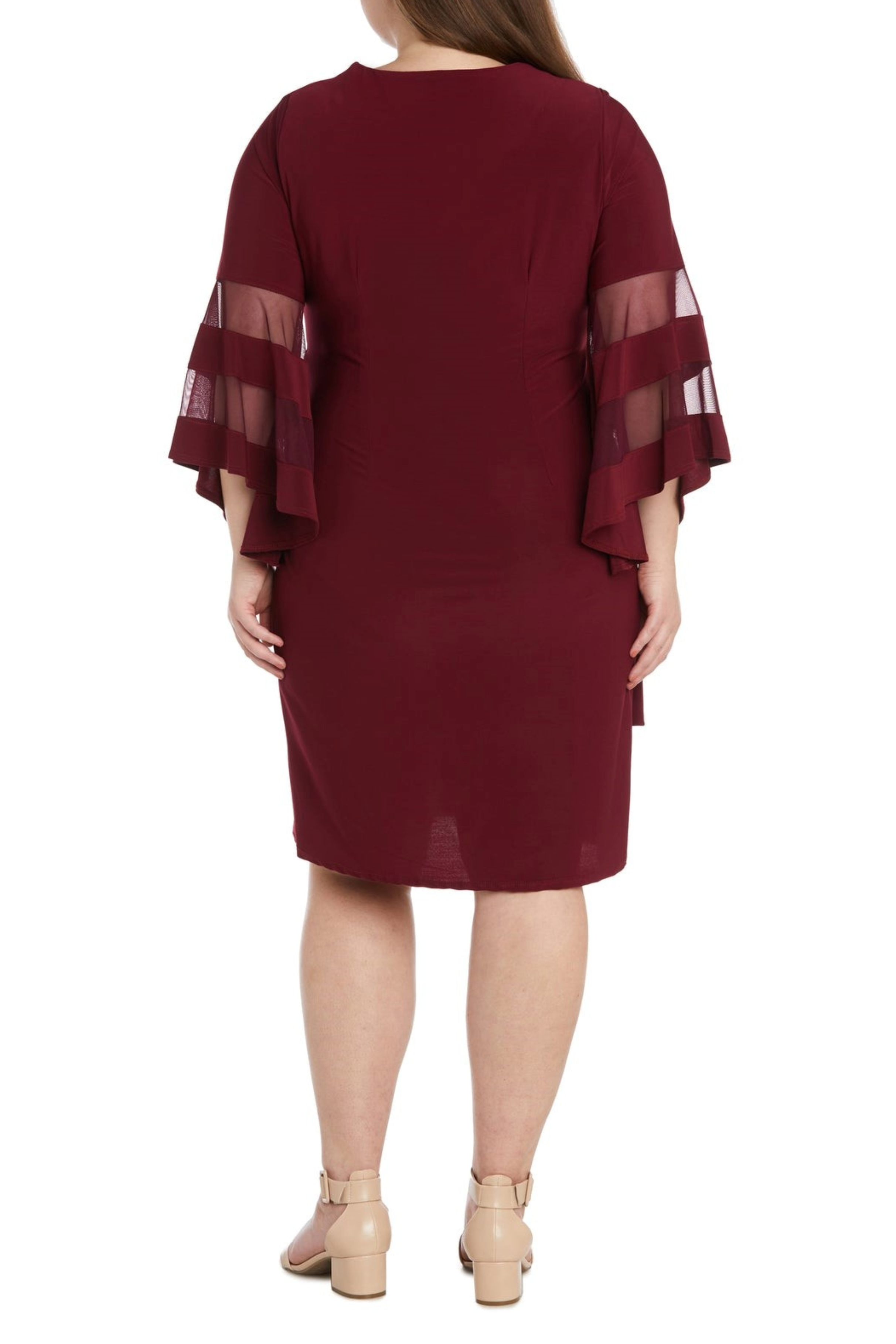 Merlot Long Bell Sleeve Short Dress with V-Neck Wrap Styling by R&M Richards 3561