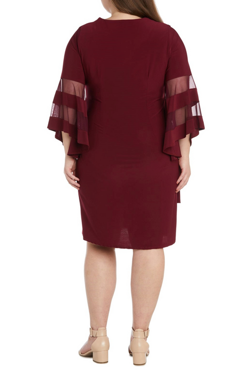 Merlot Long Bell Sleeve Short Dress with V-Neck Wrap Styling by R&M Richards 3561