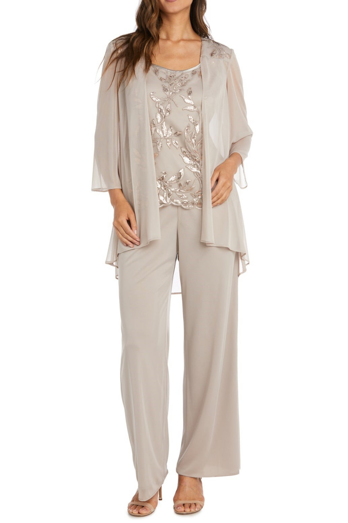 Champagne 3-Piece Embroidered Sequin Pants Set with Sleeveless and Beaded Detail by R&M Richards 42734